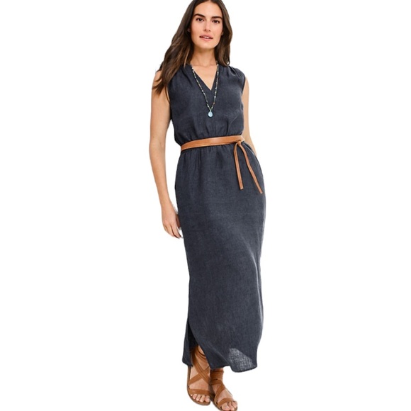 Hill Dresses Hill Dark Blue Linen V Neck Cinched